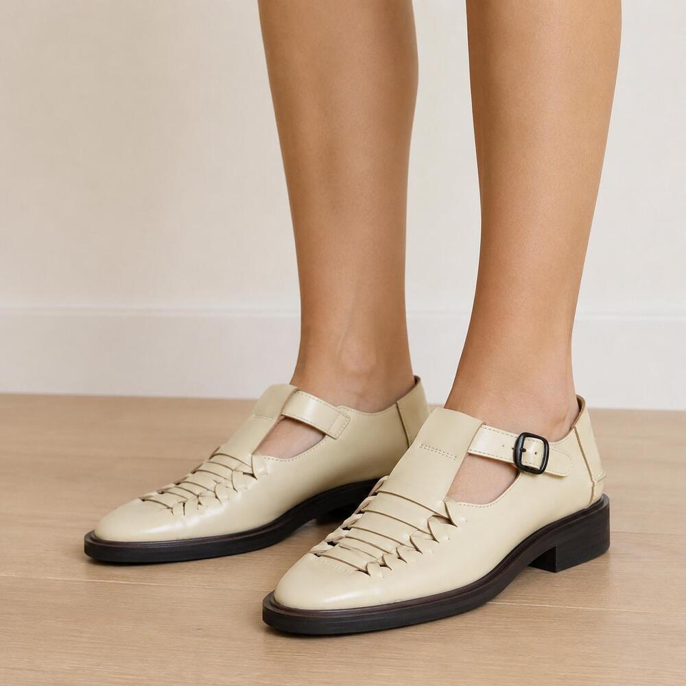 HEREU Presa Leather Fisherman T-bar Mary Jane Shoes Womens EU 38/US7.5 Woven